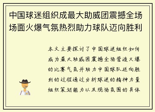 中国球迷组织成最大助威团震撼全场场面火爆气氛热烈助力球队迈向胜利