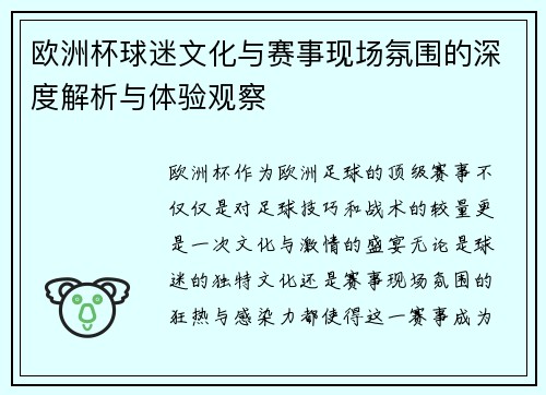 欧洲杯球迷文化与赛事现场氛围的深度解析与体验观察 欧洲杯球迷文化与赛事现场氛围的深度解析与体验观察